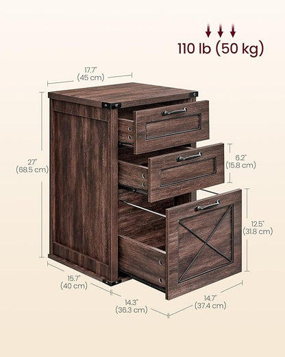 VASAGLE File Cabinet, Filing Cabinet with 3 Drawers, Printer Stand, Fit A4, Letter Size, Hanging File Folders, Modern Farmhouse Style, for Home Office, Maroon Brown UOFC054K02