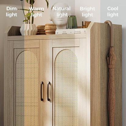 Shoe Cabinet Storage for Entryway, Rattan Storage Cabinet, Wooden Shoe Rack with Doors, Farmhouse Boho Wood Shoe Organizer Cabinet for Hallway (Oak)