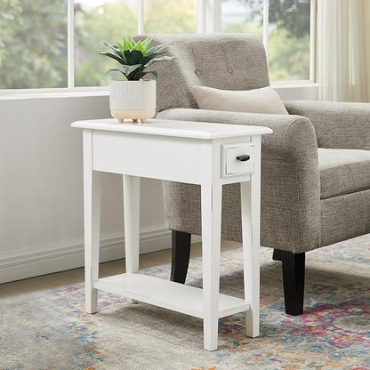 Haven Ridge Narrow End Table, Solid Wood Side Table with Drawer and Shelf, Farmhouse White, Perfect for Living Rooms, Bedrooms, and Small Spaces – Leick Home, 214361