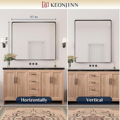 Keonjinn Black Bathroom Mirror for Over Sink, 42 x 36 Inch Large Rounded Rectangle Bathroom Vanity Mirror, Matte Black Farmhouse Wall Mirror, HD Tempered Glass, Seamless Aluminum Alloy Frame Mirror