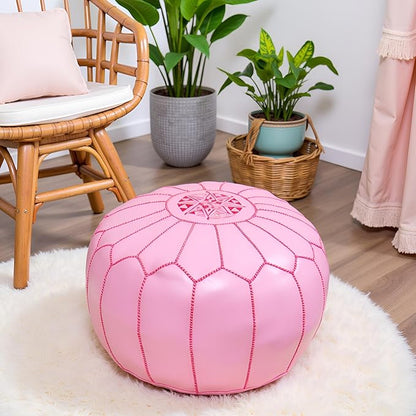 Stuffed Round Design Moroccan Leather Pouf Ottoman, Handmade, Pre-Filled, 100% Genuine Leather, 13” Height x 20” Diameter, Footstool & Living Room Décor (Pink)