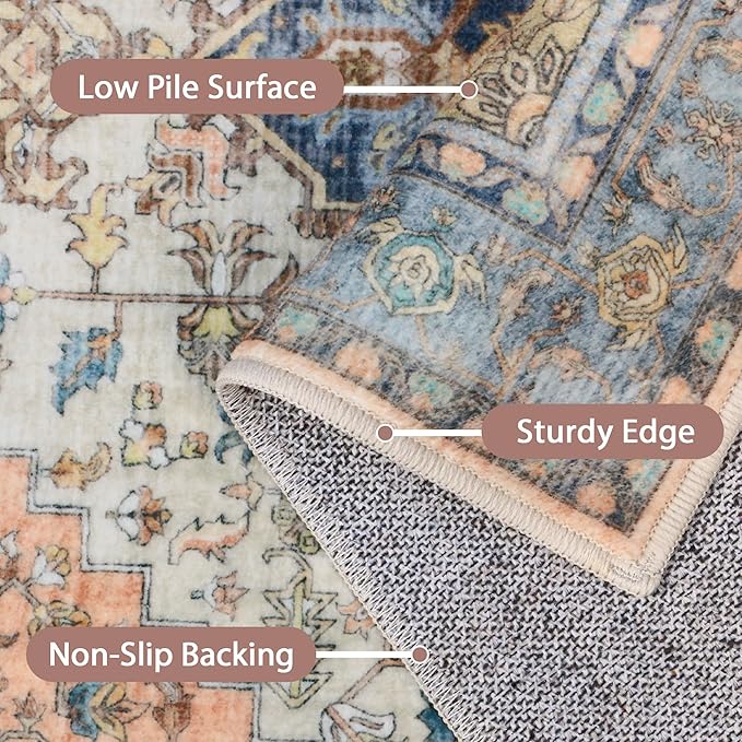 GENIMO 2x10 Runner Rugs for Hallway, Machine Washable Non Slip Vintage Rugs, Low Pile Lightweight Soft Print Rug for enrtyway, Corridor, Home Office, Kitchen, Blue Brick Red