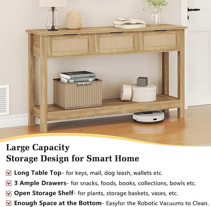 Luoxiao Rattan Console Table Boho Entryway Table with 3 Drawers Storage, Narrow Long Behind Couch Sofa Table for Living Room Side Table Entry Way Table Entrance Hallway Foyer, Natural, 47 Inch