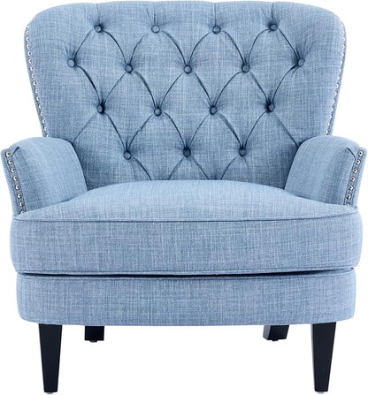 Ball & Cast Accent Chair,Mid-Century Lounge Living Room Chairs with Button Tufting,Upholstered Reading Accent Chair W/Solid Wood Legs and Curved Backrest,for Bedroom,Apartment,Light Blue