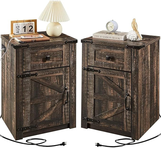 SOOWERY Nightstands Set of 2, Nightstand with Charging Station, Farmhouse End Table with Barn Door and Drawer, Rustic Wood Sofa Side Table for Bedroom, Living Room, Dark Rustic Oak