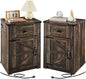 SOOWERY Nightstands Set of 2, Nightstand with Charging Station, Farmhouse End Table with Barn Door and Drawer, Rustic Wood Sofa Side Table for Bedroom, Living Room, Dark Rustic Oak