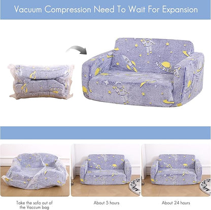 Foldable Kids Sofa,Soft Kids Fold Out Couch Glow in The Dark,Convertible Sofa to Lounger Toddler Sofa Chair(Space