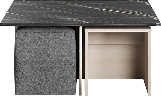 Manhattan Comfort Haley Mid Century Modern Coffee Table & Ottoman Set with Nested Design for Small Spaces, Versatile Living Room Furniture, Accent Decor, White and Black Marble