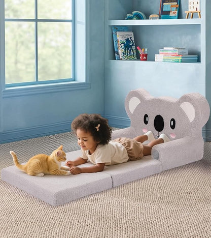Kids Couch, 2-in-1 Soft Toddler Couch Fold Out with Blanket, Chair Comfy, Foldable Convertible Plush Sofa to Lounger, Gifts for Kids Girl Boys, Koala