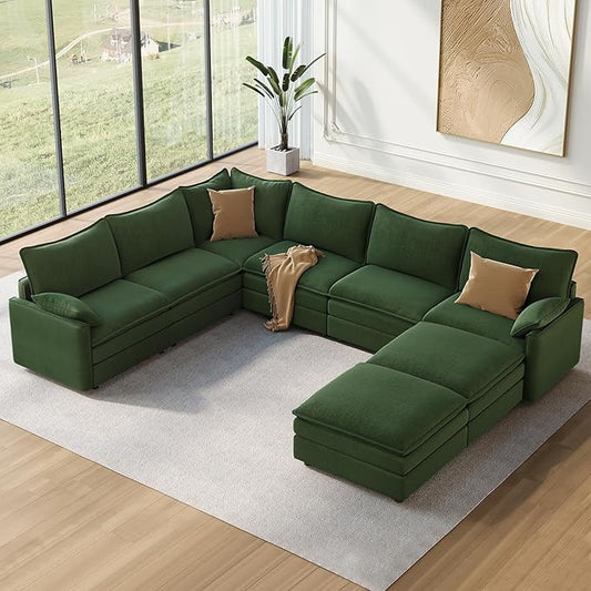 Vesgantti Large Modular Sectional Sofa, Big Comfy Cloud Couch with Ottoman Deep Seat Chenille Cloud Sofa, 8 Seater Large Sectional Couches for Living Room, Bedroom and Apartment, Green