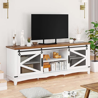 IDEALHOUSE Modern TV Stands for Living Room, 65 Inch TV Stand Entertainment Center with Storage and Sliding Barn Doors, Media TV Console Cabinet with Adjustable Shelf (White)
