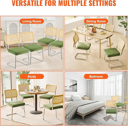 VEVOR Rattan Dining Chairs Set of 4, Mid Century Modern Dining Chair, Upholstered Velvet Accent Chair with Rattan Back, Retro Dining Room Kitchen Chair for Living Room, Bedroom (18.1 Inch)
