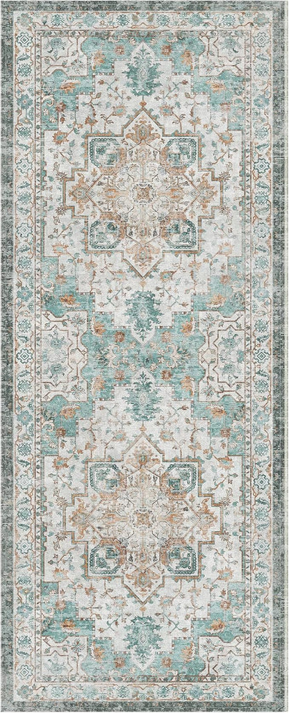 GENIMO 2x5 Runner Rugs for Hallway, Machine Washable Non Slip Vintage Rugs, Low Pile Lightweight Soft Print Rug for enrtyway, Corridor, Home Office, Kitchen, Cyan