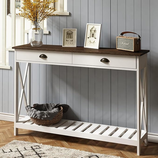 ChooChoo 47" Farmhouse Console Table with Drawer for Entryway, Narrow Long Entry Table with Shelf for Living Room, Rustic Vintage Hallway Sofa Table with Stable X Supports, White