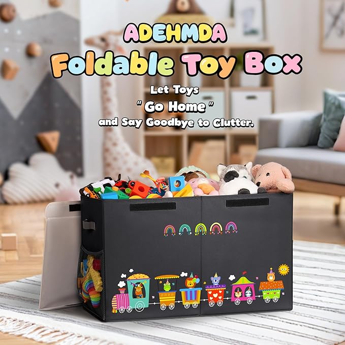 80L Large Toy Storage Box with Lid, Large Toy Box Chest Kids, Girls and Boys, Nursery Room and Living Room, 26"x13" x16" (black-train)