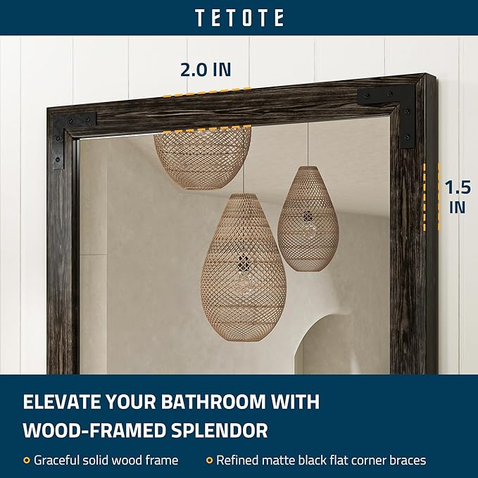 TETOTE 55 x 36 Black Wood Mirror for Bathroom Wall/Bedroom/Living Room/Entryway Farmhouse Rustic Bathroom Vanity Mirror for Over Sink Waterproof (Horizontal/Vertical Mounted)