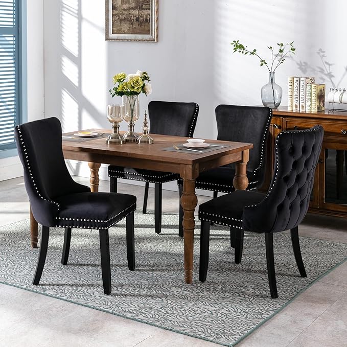 Acosure Set of 2 Velvet Upholstered Wing-Back Dining Chair with Backstitching Nailhead Trim,Exquisite Furniture Stoo W/Wood Legs,for Kitchen,Sitting Room,Black