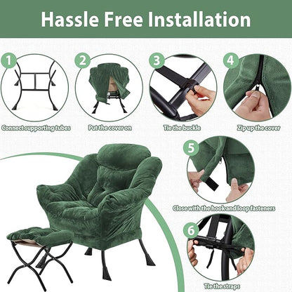 Lazy Chair with Folding Ottoman, Accent Chair Plush Upholstered with Metal Structure and Non-Slip Pads, Sofa Armchair with Footrest and Side Storage Bag for Dorm, Room, Office, Green
