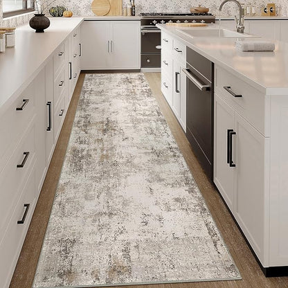 2x10 Washable Runner Rug Brown Grey Neutral Abstract Hallway Kitchen Living Room Bedroom Non Slip Throw Rug Soft Low Pile Indoor Carpet for Entrance Laundry Bathroom