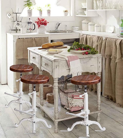 Topower Industrial Retro Vintage Farm Wooden Tractor Stool Kitchen Swivel Height Adjustable bar Stool (Antique White)