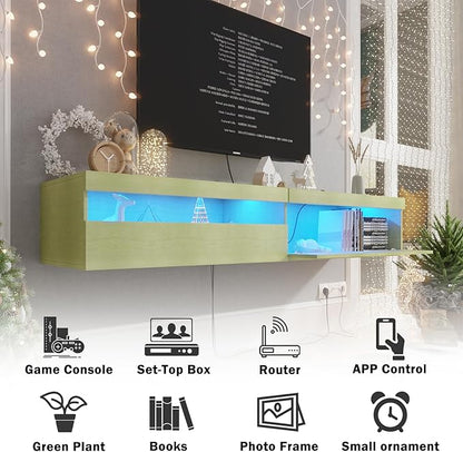 Floating TV Stand with Led Lights, 71 inch Wall Mounted TV Shelf with Power Outlet, Modern Entertainment Center Media Console with Storage Cabinet, Up to 80 Inch TVS, Green