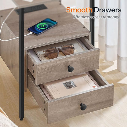 HOOBRO End Table with Charging Station, Nightstand with 2 Drawer & USB Ports & Power Outlets, Bedside Table for Small Spaces, Stable and Sturdy, for Living Room, Bedroom, Greige and Black BG43UBZ01