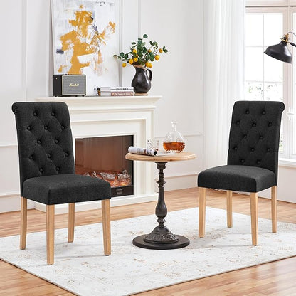 Yaheetech Dining Chairs Set of 2 Fabric Upholstered Dining Room Chairs with Button Tufted High Back and Solid Wood Legs for Kitchen/Living Room/Restaurant, Modern Style, Black