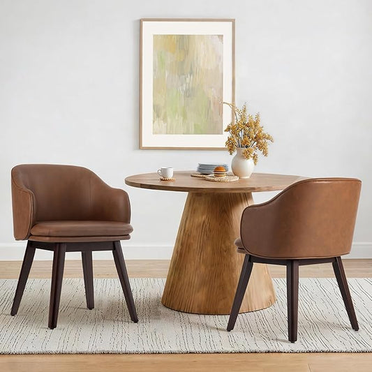 Wooden Dining Chairs Set of 2, Faux Leather Upholstered Modern Dining Room Chairs with Barrel Backrest & Double-Layer Thick Cushion for Living Room, Restaurant, Kitchen and Café, Brown