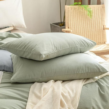 BESTOUCH Duvet Cover Set 100% Washed Cotton Linen Feel Super Soft Comfortable Chic Lightweight 3 PCs Home Bedding Set Solid Sage Green Oversized Queen