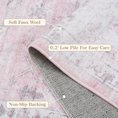 LIVEBOX Pink 5x7 Area Rug for Bedroom Girls, Boho Washable Rugs for Living Room Nursery, Non-Slip Indoor Soft Carpet Low-Pile Farmhouse Carpets for Dining Room Kids Playroom, Pink