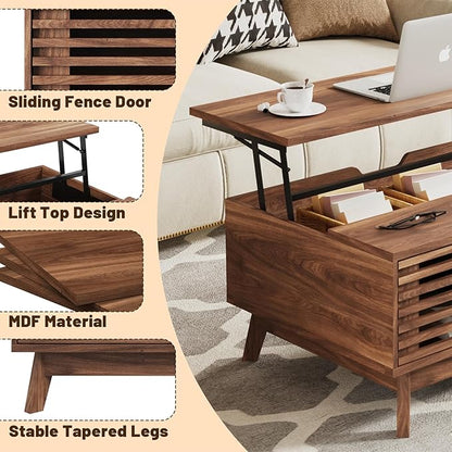 HAIOOU Lift Top Coffee Table, Mid Century Modern Coffee Table with Storage for Living Room, Walnut Coffee Tables with Sliding Fence Door, 35.4'' Rectangular Fluted Center Table (Brown)