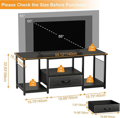 TV Stand with Drawers and Open Storage Shelves for 65 60 55 Inch TV, Entertainment Center with Open Storage Shelves, Industrial Media TV Console Table for Living Room Bedroom Office, Black
