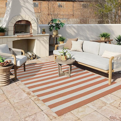 OJIA Outdoor Patio Rug 5'x7', Striped Outdoor Rugs Washable Checkered Area Rugs Cotton Woven Indoor Accent Rugs for Bedroom/Living Room/Front Porch/Deck/Backyard/Camping (Orange/White/Tan)