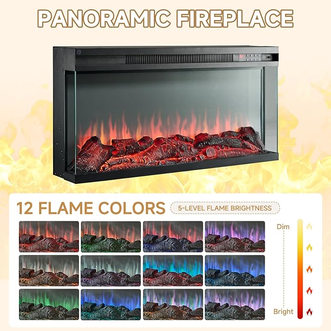 ROCKPOINT 3 Sided Glass 80" Fireplace TV Stand for TVs up to 90", Entertainment Center with Drawers and Glass Door Storage Cabinet for Living Room,36" Electric Fireplace & Adjustable LED Light,White