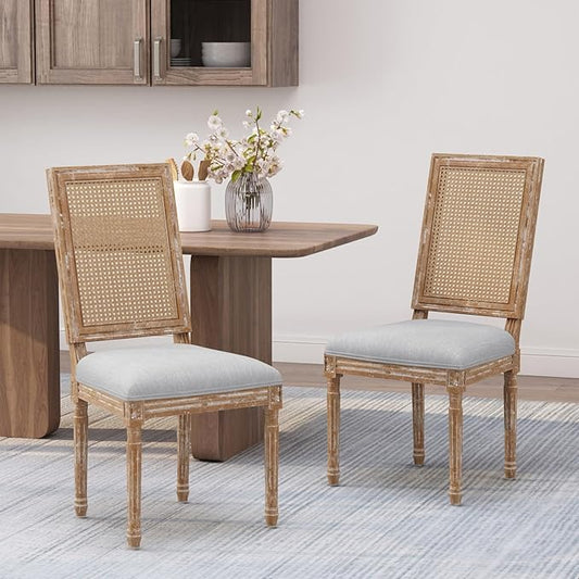 Merax Upholstered Solid Wood Dining Chairs Set of 2, French Country Style Accent Side Seating Furniture for Kitchen, Living Room, Wicker Back, Light Grey