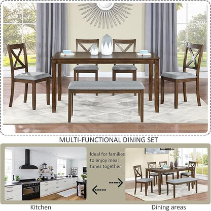 KEIKI 6-Piece Standard Height Dining Table Set with Rectangular Table, 4 Upholstered X-Shaped Backrset Chair, Bench, for 6 Person, Modern Table Set, Easy Assembly, for Kitchen, Dining Room, Walnut