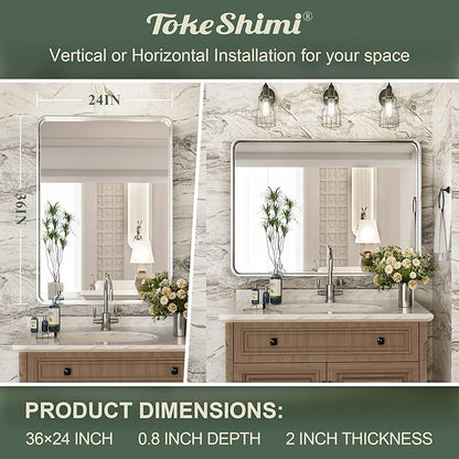 TokeShimi 24 x 36 Inch Brushed Silver Bathroom Mirror for Wall Brushed Brass Metal Rounded Corner Rectangle Mirror Metal Frame Deep Set Design Hangs Horizontal Or Vertical
