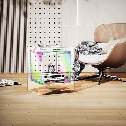 Acrylic Nightstand Colorful Bedside Table with Open Storage Shelf,Clear Side Table for Living Room (1, Iridescent)