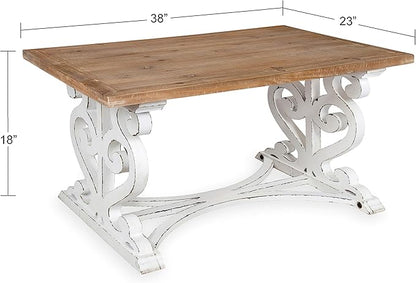 Kate and Laurel Wyldwood Rustic Carved Coffee Table, 38" x 23" x 18", Distressed Brown and White, Farmhouse-Inspired Living Room Decor