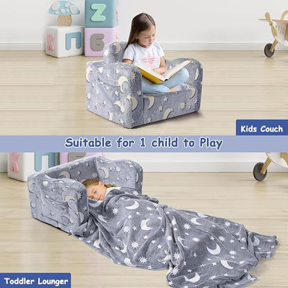 Kids Toddler Chair, 2-in-1 Toddler Couch Fold Out, Convertible Chairs for Toddlers Comfy Sofa to Lounger with Glow in The Dark Feature, Soft for Girls and Boys
