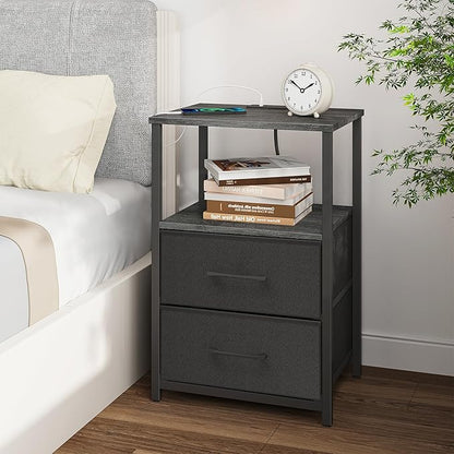 TUTOTAK End Table with Charging Station, Side Table with 2 USB Ports and Outlets, Nightstand with Cloth Drawer, Set of 2, Couch Table, Charcoal Grey TB01BY052