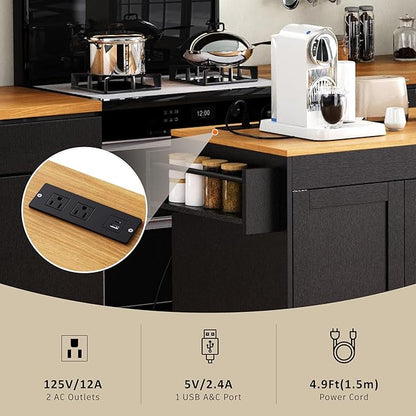 Ball & Cast 74.8" Kitchen Island with Extendable Dining Table,Kitchen Storage Cart W/Power Outlet and 3 Drawers,Rolling Kitchen Island on Wheels W/Spice Rack & 2 Door Cabinet,for Kitchen,Black