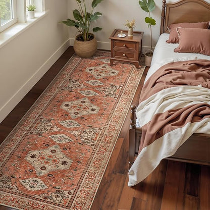 Tangsoo 2.6x8 Washable Runner Rug for Hallways, Non Slip Vintage Runner Rug, Soft Low Pile Long Rug Runner, Print Distressed Terracotta Carpet Runners for Kitchen Bedroom Entryway Bathroom Living Room