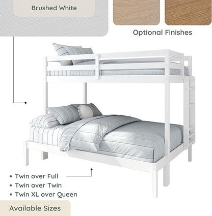 Grain & Grove Bear Twin Over Full Bunk Bed, Sturdy Bunk Bed Frame for Kids, Plywood Bunk with Ladder, Guardrail, and Slats, No Box Spring Required, Brushed White