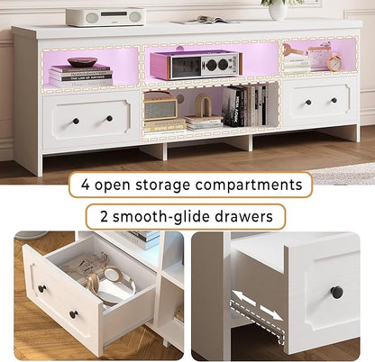 IRONCK TV Stand for 75 Inch TV, 71" LED Entertainment Center with Storage Cabinets, Power Outlets and Open Shelf, Media Console TV Cabinet with Drawers for Living Room, White