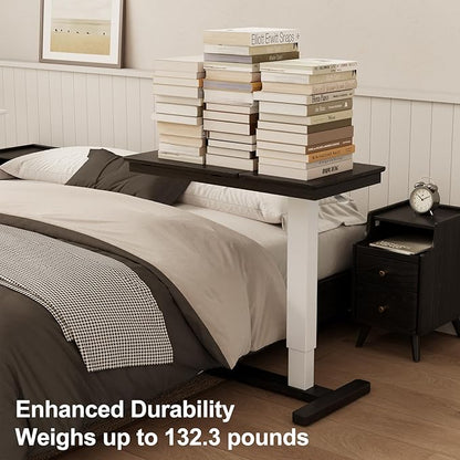 Solid Wood Overbed Bedside Table with Wheels,Tilt Top Hospital Bed Table Adjustable Over The Bed,Rolling Bed Desk for Hospital and Home Use (Black)