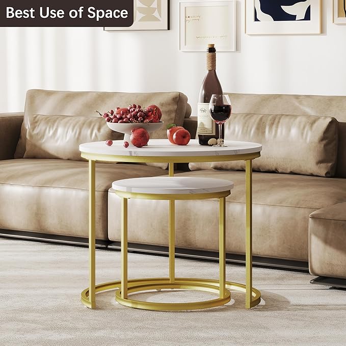 Nesting Tables Set of 2, Round Coffee Table, Small Nesting Coffee Table with Adjustable Non-Slip Fee, White Marble Top Stack Nesting Tables Set of 2 for Living Room, Bedroom (White)