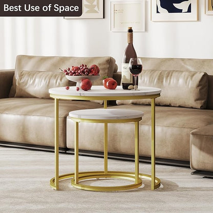 Nesting Tables Set of 2, Round Coffee Table, Small Nesting Coffee Table with Adjustable Non-Slip Fee, White Marble Top Stack Nesting Tables Set of 2 for Living Room, Bedroom (White)
