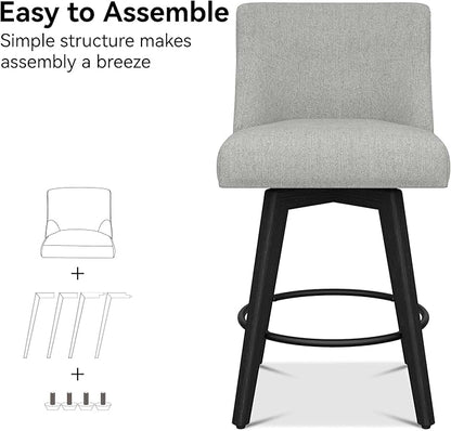 Counter Height Bar Stools Set of 2, Modern Swivel Barstools with Back and Wood Legs, Linen Fabric Upholstered Counter Height Stools, 26" H Kitchen Island Stools, Home Bar, Light Grey