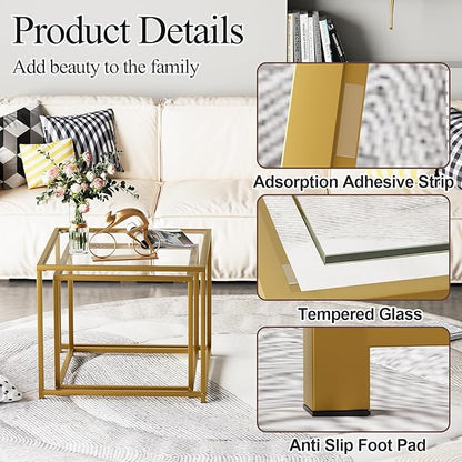 Garden 4 you Coffee Table Set of 2, Modern Glass Nesting Table, Metal Frame Square Center Table Set, Side Tables, Nesting Coffee Table for Living Room, Bedroom and Small Spaces, 23.6in Gold